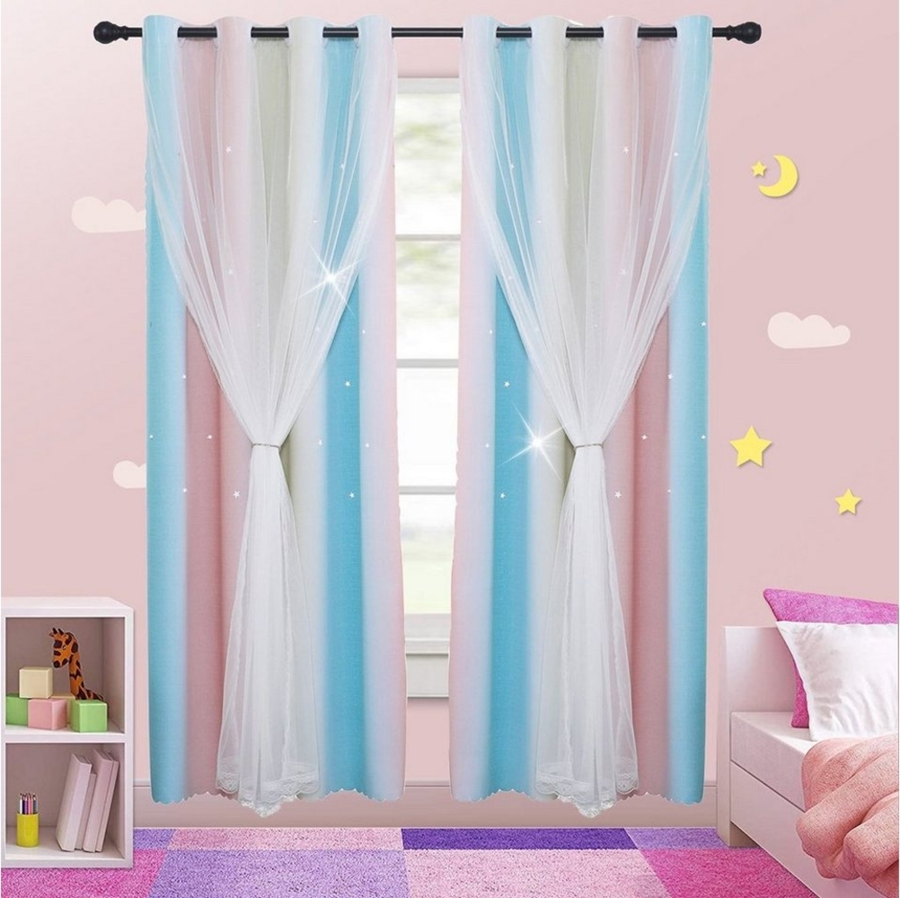 Rosnek Vorhang Ausgehöhlte Sterne, Doppellagige,T üll, Öse, für Kinderzimmer, Schlaufe (1 St), abdunkelnd, H×B:160×130,215×130,243×130. Bild 1