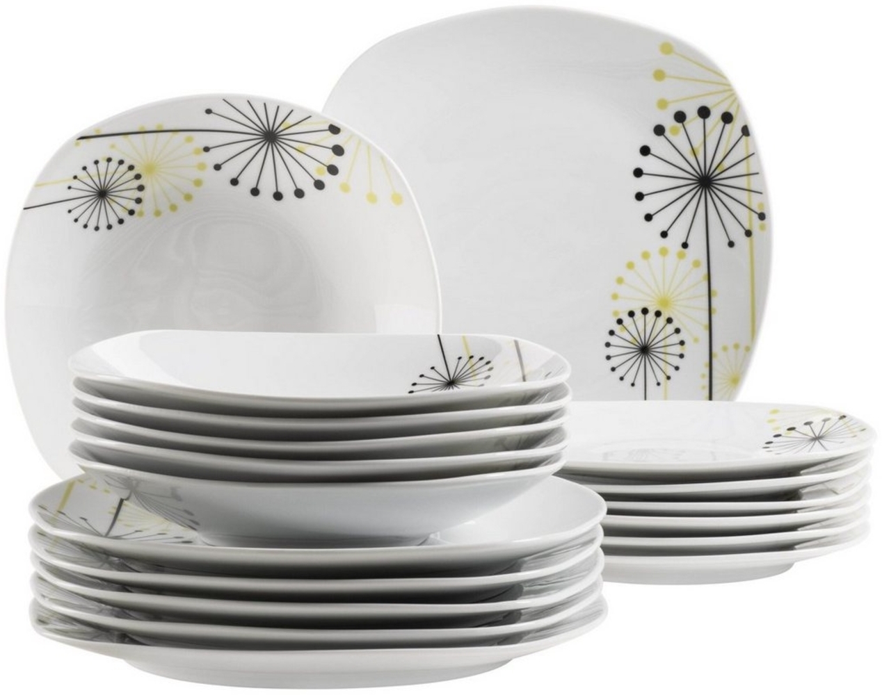 Tellerset fr 4 Personen mit dezentem Blumendekor, 18-tlg. Geschirr Set mit flachen Tellern, tiefen Tellern und Desserttellern Bild 1