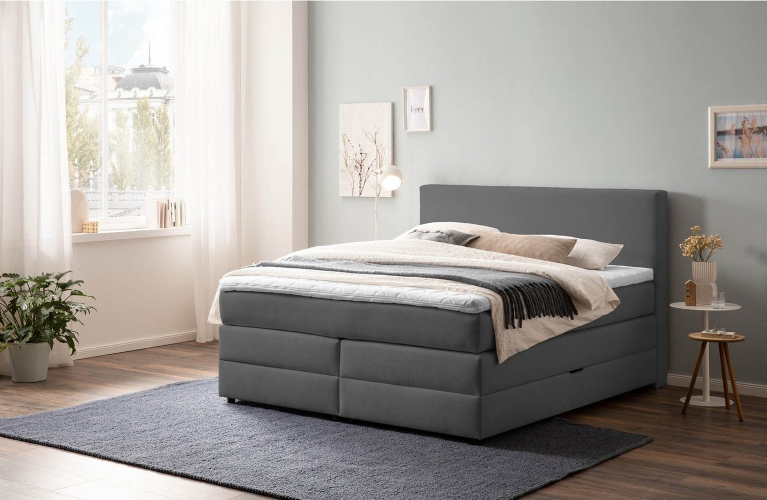 Belanoti Boxspringbett LOFT (Boxspringbett 160x200 mit Bettkasten, 7-Zonen Taschenfederkern Matratze inklusive Visco Topper), Bett 160x200 in der Farbe Anthrazit H2/H3 Polsterbett Bild 1