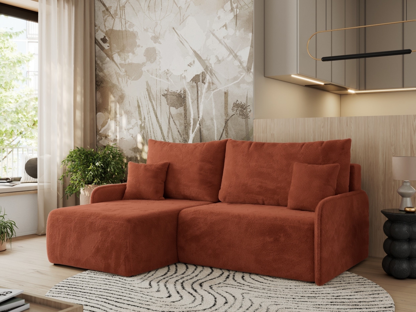 Ecksofa für das Wohnzimmer, mit losen Kissen, Schlaffunktion und Bettkästen, L-förmiges Ecksofa mit Armlehnen, Wellenfeder - ARPA - Orange Plüschstoff - linke Seite Bild 1