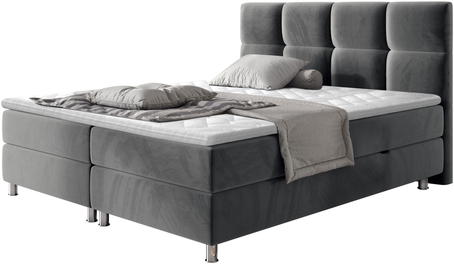 Mirjan24 'Evan' Boxspringbett mit Bettkästen, Bonellfederkernmatratzen & Topper, Kopfteil gesteppt und gepolstert, Grau, 180x200 cm Bild 1
