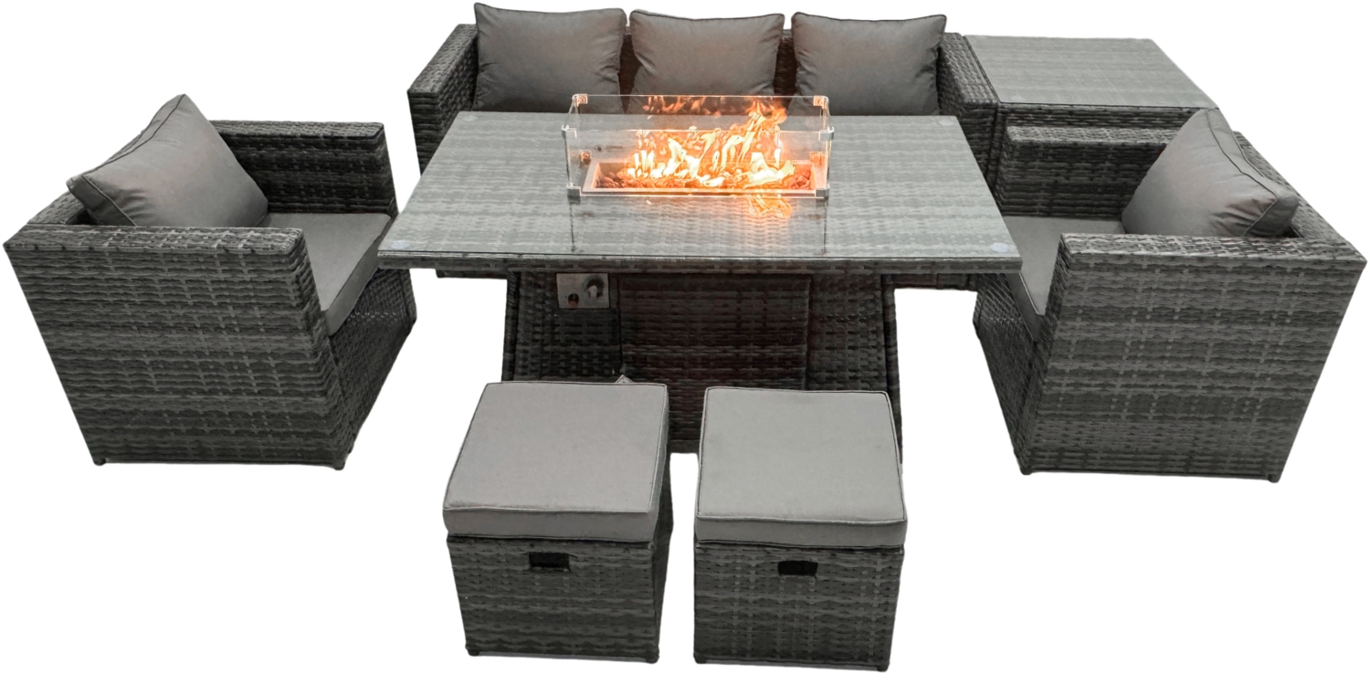 Fimous Outdoor Poly Rattan Gartenmöbel Gas Feuerstelle Esstisch Set Sessel mit Hohe Seite Couchtisch 2 Hocker Dunkelgrau Gemischt Bild 1