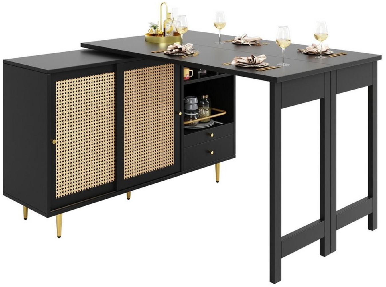 i@home Bartisch Um 360° drehbarer, mit Rattantür und offenes Lagerregal, Braun/Schwarz (1* Hauptkörper, 1* ausziehbarer Tisch), ausziehbarer Design, Hauptkörper: 107 x 40 x 71,4 cm Bild 1