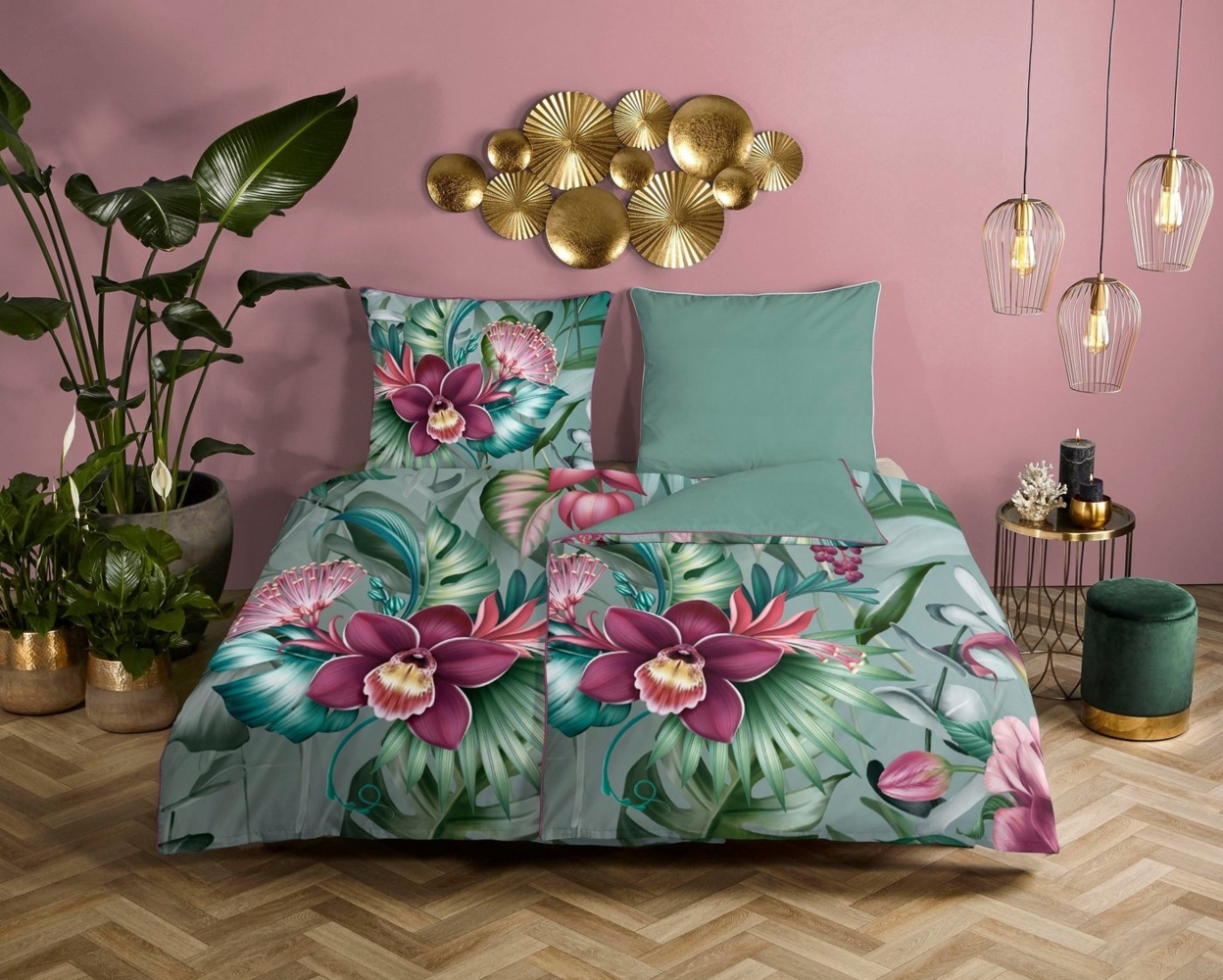 Descanso Wendebettwäsche Allison, Satin (Bio-Baumwolle), 2 teilig, Baumwolle, Satin, 135x200, Biese, Reißverschluss, Wende, Blumen Grün Bild 1