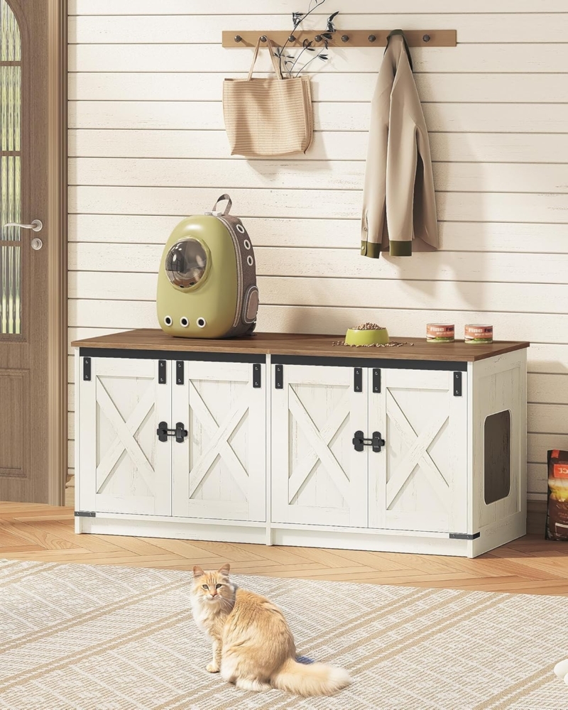 Katzenschrank, Katzenklo Schrank für 2 Katzen, Versteckter Katzentoilettenschrank, Katzenhaus für den Innenbereich, Bauernhausstil, 119 x 48 x 53,5 cm, Braun und Weiß Bild 1