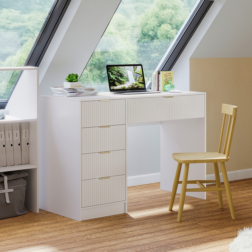 Bellamio 'Livny' Schreibtisch mit 5 Schubladen, beidseitig montierbar, weiß geriffelt, 75x53x110 cm, Computertisch mit Stauraum, Bürotisch mit goldenen Griffen, geeignet als Schminktisch Bild 1