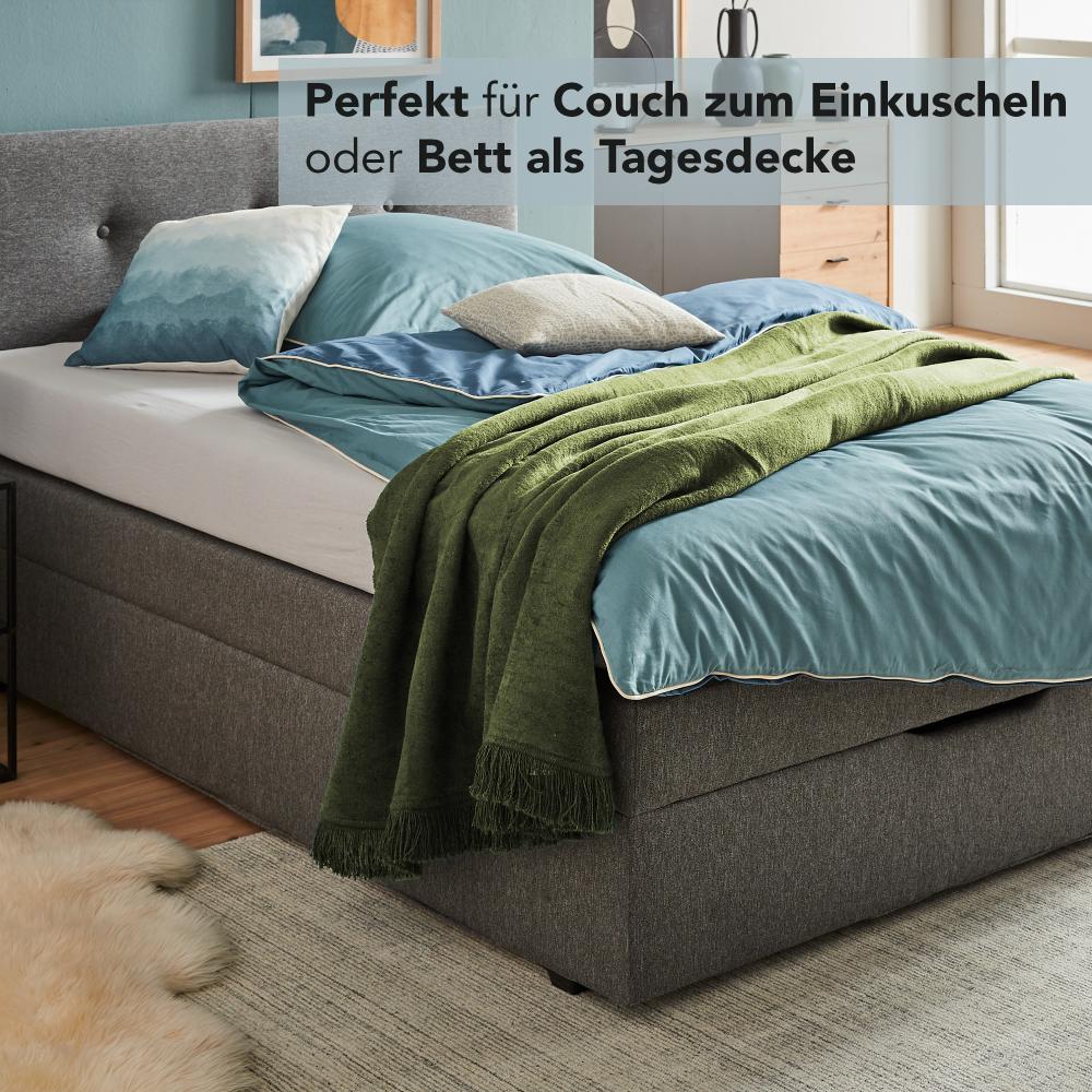 HOMESTORY Kuscheldecke Grün XXL 150 x 200 cm Baumwollmischung weiche & warme Kuschel-Decke mit Fransen für Couch & Sofa, waschbar, Öko-Tex Standard 100, 1,4kg, 400g/m² Bild 1