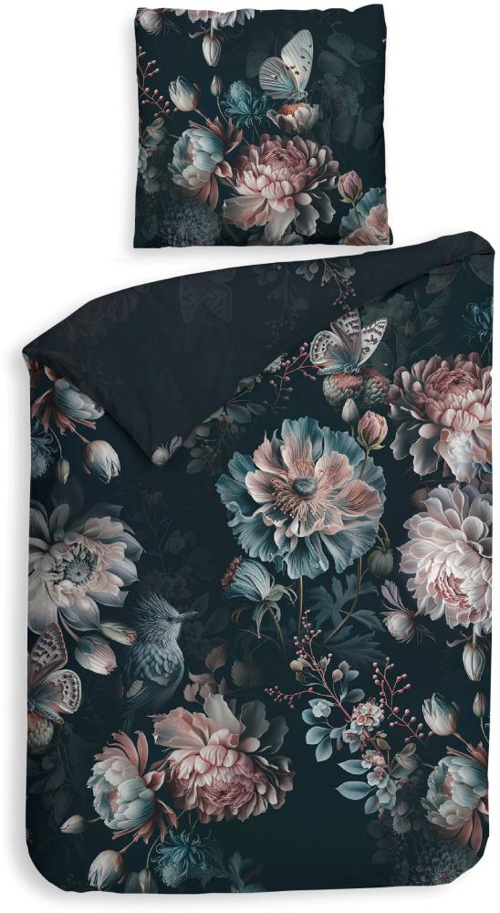 Heckett & Lane Satin Bettwäsche 155x220 Milos dark blue Blüten Vögel Schmetterling blau rosa Bild 1