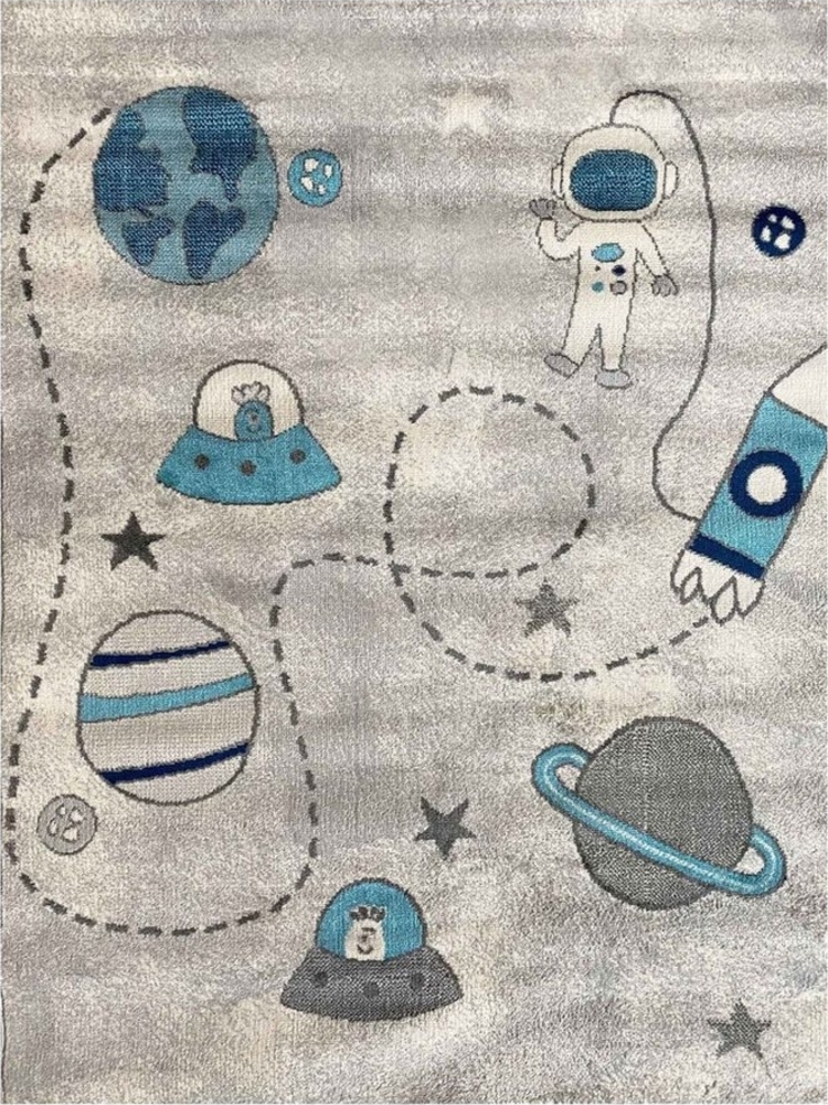 Vimoda Kinderteppich Kinderteppich Astronaut Weltall Muster in Grau und Blau, Rechteckig, Kinder Läufer mit Astronaut Mond Bild 1