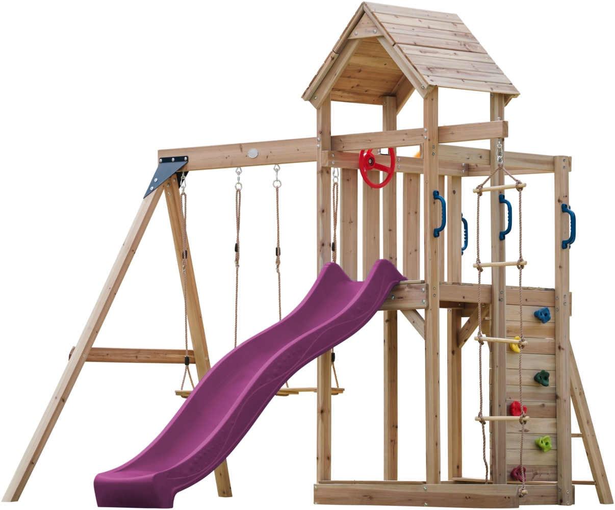 AXI Moos Spielturm aus Holz mit 2 Schaukeln & Strickleiter XXL Spielhaus / Spielplatz für Kinder mit Kletterwand, Sandkasten & Rutsche in Lila | Braun, Violett | Holz | 375 cm Bild 1