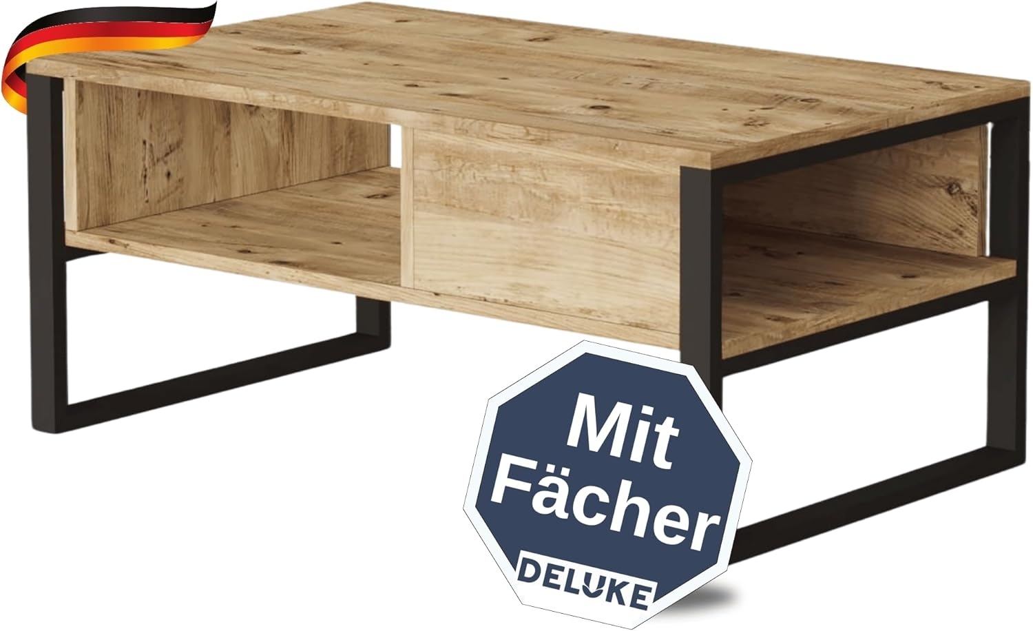 DELUKE® Couchtisch mit Stauraum LOPA - 100 x 60 x 44,5 cm Stubentisch rechteckig Wohnzimmertisch Holzoptik Sofatisch Kaffeetisch Beistelltisch eckig Tisch für Couch Eiche rustikal/Schwarz Bild 1