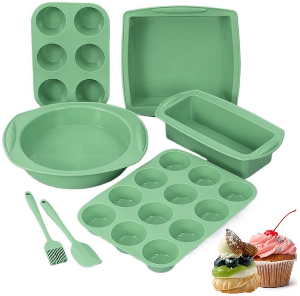 RWEUOQ Backform Backform Silikon Backform Backblech-Set 7 teilig mit Bürste und Spatel, (aus lebensmittelechtem Silikon), Antihaftbeschichtet und leicht zu entformen, für Kuchen, Muffins usw. Bild 1