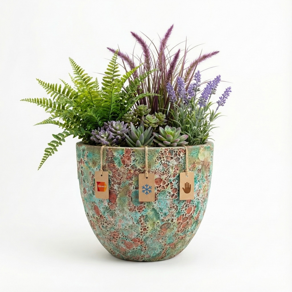 Keramik Blumentopf Eggpot Lava Grün Ø 21cm - Struktur Übertopf geschliffen Unikat Bild 1