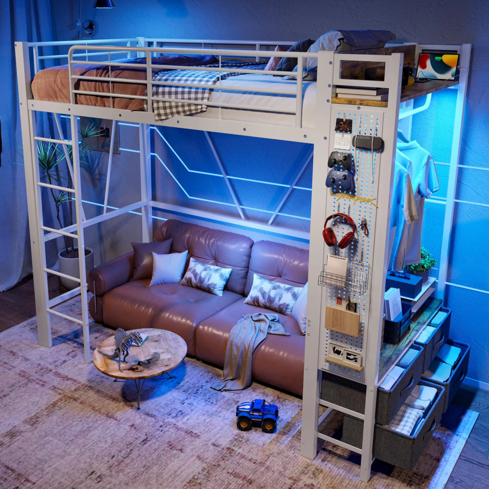 Hochbett mit LED-Beleuchtung, Schubladen, Regal, Kleiderstange und Mehrfachsteckdose, 90x200 cm, Metallbett mit Rausfallschutz, Jugendbett Bild 1