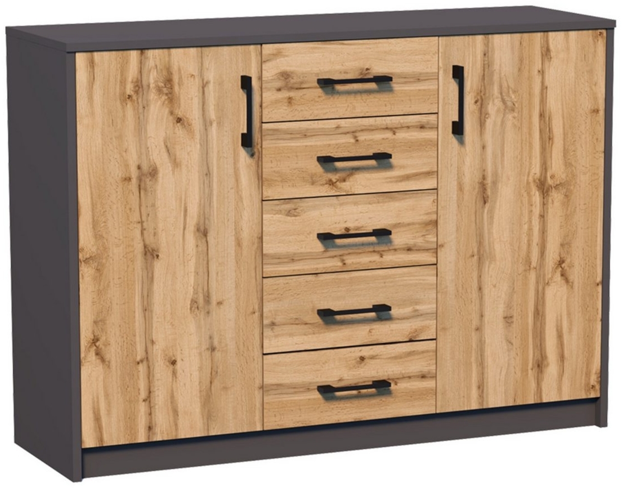 Home Collective Kommode mit 5 Schubladen und 2 Türen in matter Ausführung, Kommode 110cm breit (mit hochwertigen Polymergriffen, aus laminierter Platte gefertigt, Metallrollen mit Auszugsstopp), Holz Schrank Sideboard Highboard Kommode mit Schubladen g... Bild 1