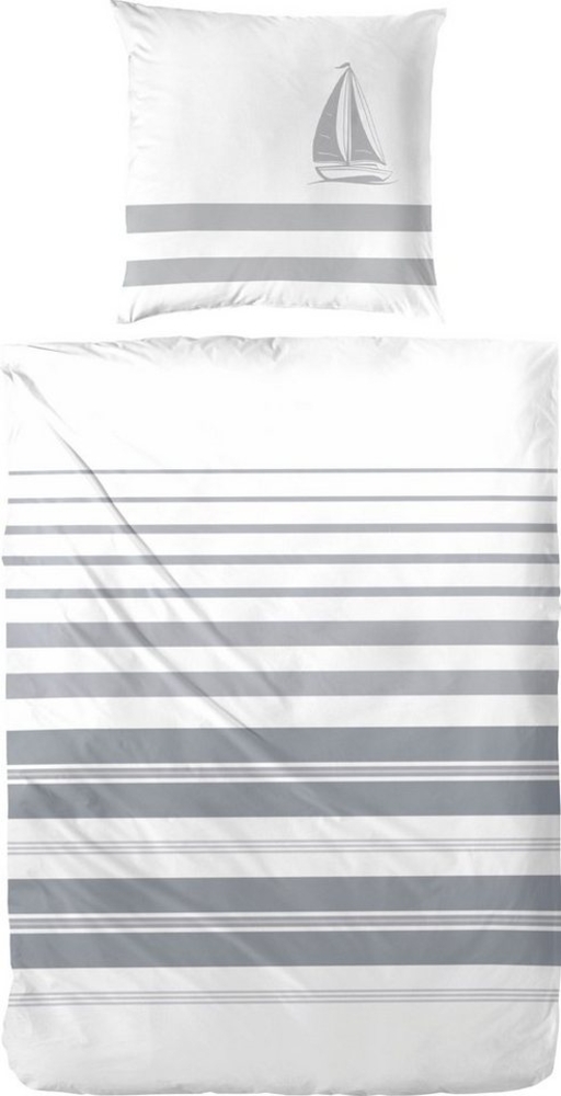 Hahn Renforcé Baumwoll Bettwäsche Streifen Segelschiff Weiss Grau 155x220 cm + 80x80 cm Bild 1