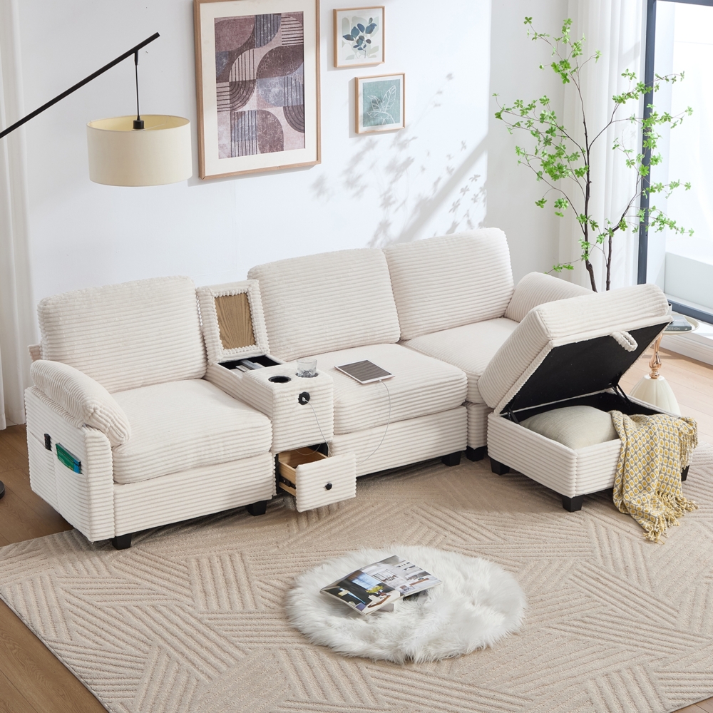 Flieks 3-Sitzer Schlafsofa, Ecksofa, Großes Cord-Sofa mit 2 Cup-Halter + Stauraum, USB-C-Anschluss, Seitentasche, Stauschublade, beweglicher Stau-Ottoman, Beige Bild 1
