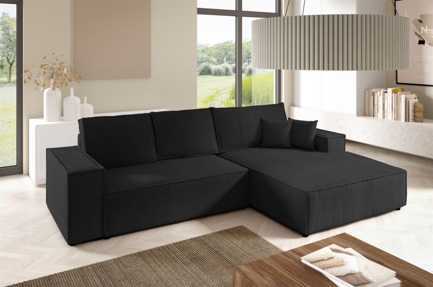 Ecksofa Schlafsofa CORUNIA Stoff Poso Schwarz Ottomane Rechts Bild 1