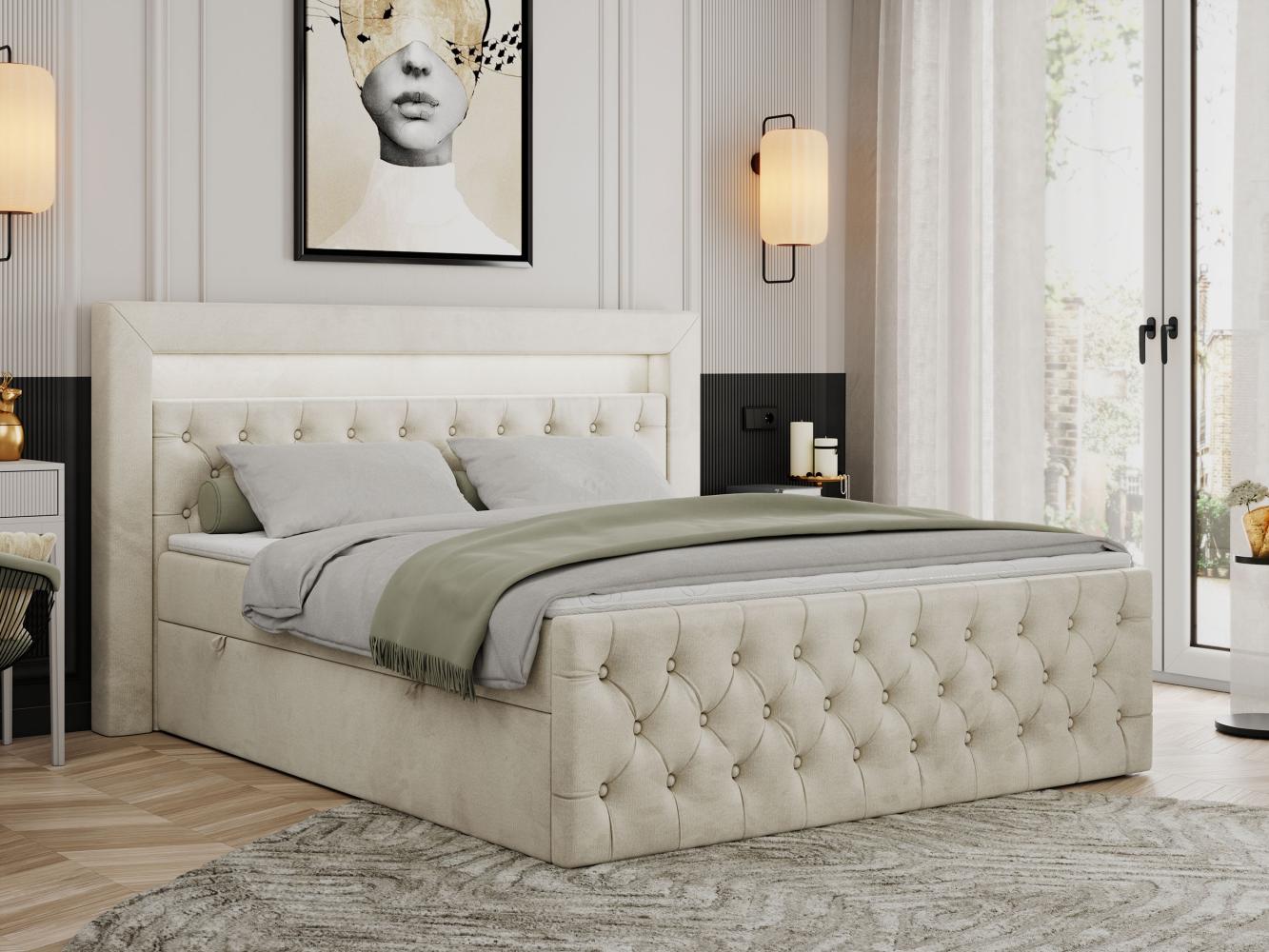 Boxspringbett, Stauraumbett mit Bettkasten, LED - GOLD-9 - 120x200cm - Beige Velours - H4 Bild 1