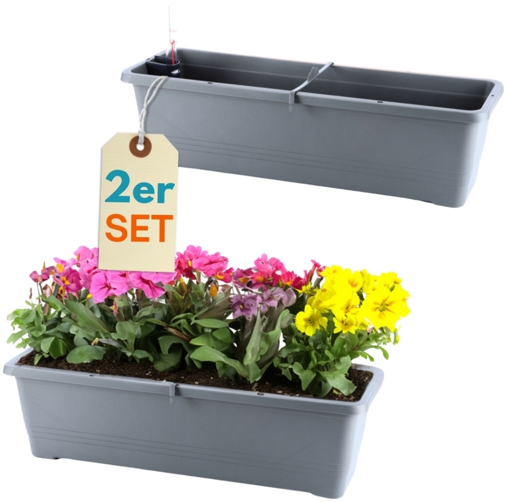 2er Set Blumenkasten mit Wasserspeicher Blumenkasten Fensterbank Pflanzkasten Outdoor Wasserstandsanzeiger Gießschacht Bewässerungsband 50 cm Anthrazit Bild 1