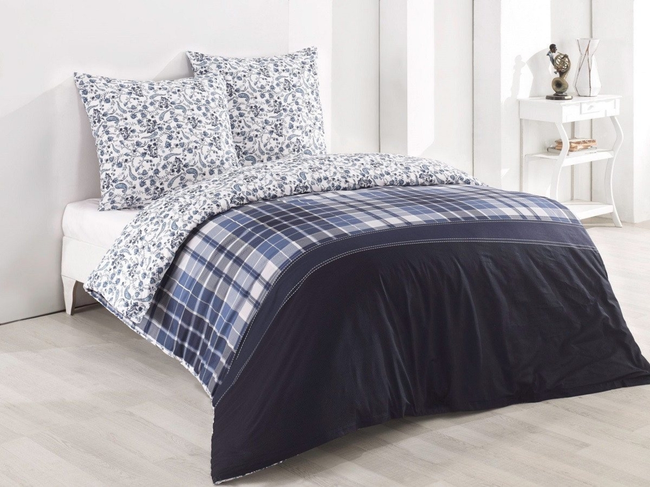 Buymax Bettwäsche Wende-Bettwäsche, Pablo, Renforce: 100% Baumwolle, 3 teilig, 200x220 cm, Bettbezug-Set, mit Reißverschluss, Blumen, Karo, Weiß Blau Bild 1