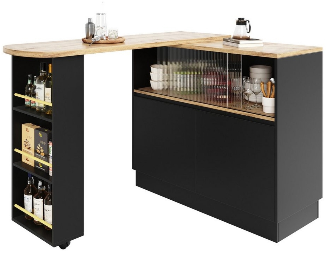 MODFU Bartisch 360° drehbare Essbar (ausziehbar Esstisch mit Sideboard, 2 Glasschiebetür, 2 Scharniertüren), mit Ablageflächen, geeignet für Küchen und Esszimmer Bild 1