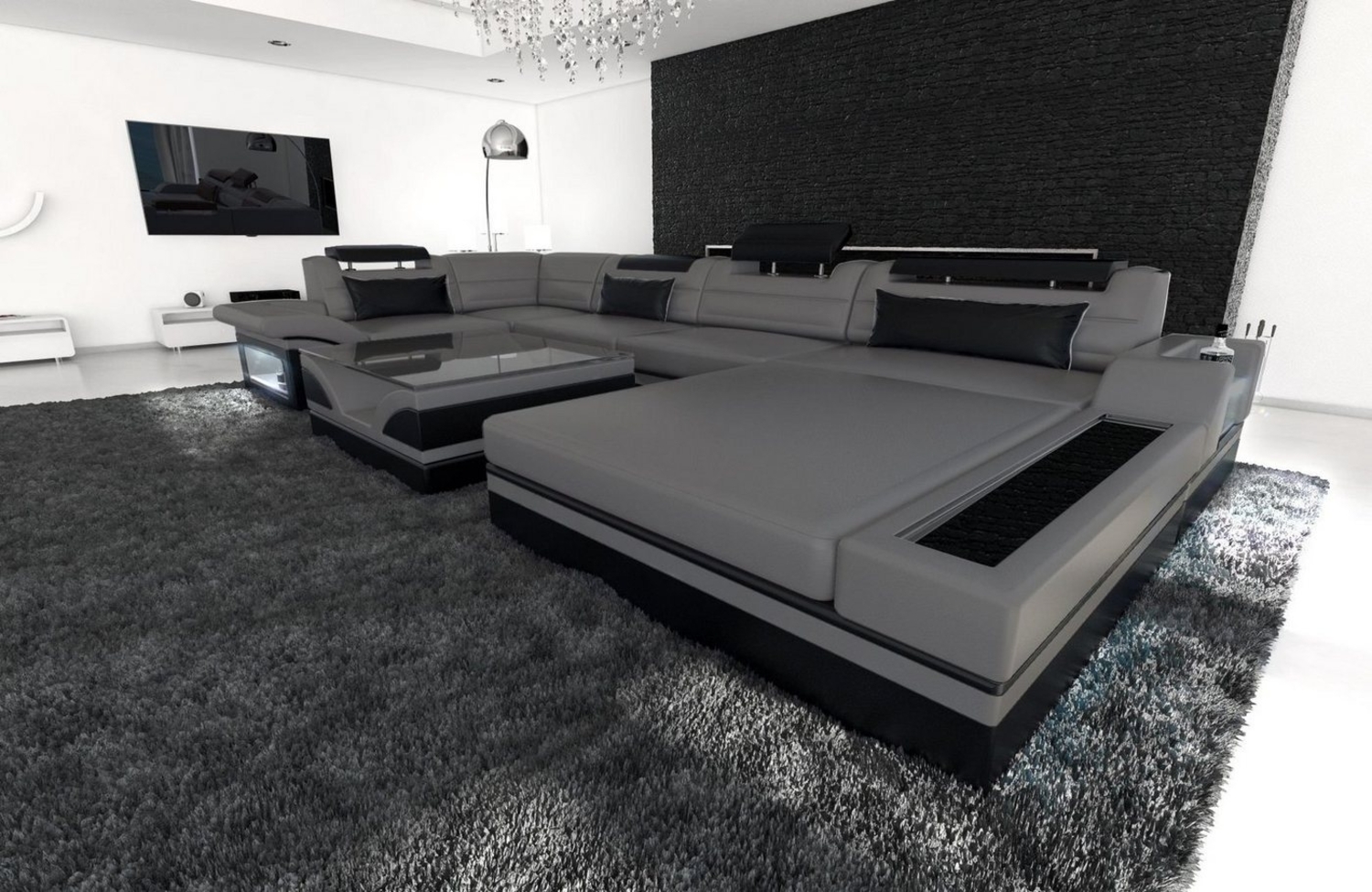 Sofa Dreams Wohnlandschaft Sofa Leder Mezzo U Form Ledersofa, Couch, mit LED, wahlweise mit Bettfunktion als Schlafsofa, Designersofa Bild 1