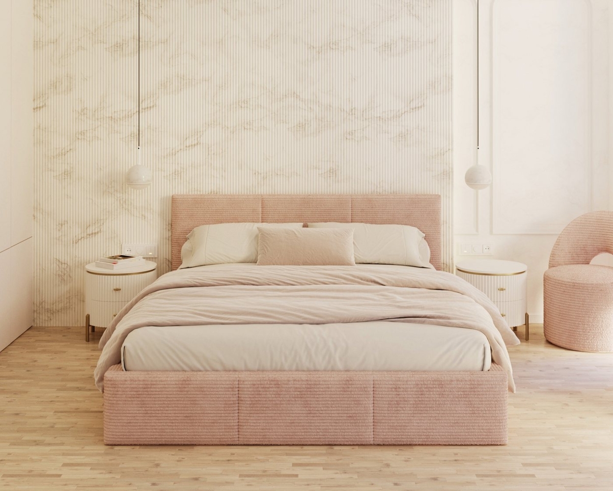 thematys Polsterbett mit Bettkasten Stauraumbett, aus hochwertigem CORD Stoff Bezug (verfügbar 90x200 120x200 140x200 160x200 180x200cm, Bettrahmen, Bett, mit großen gepolsterten Kopfteil, mit Bettkasten zum aufklappen), Metallrahmen mit Lattenrost, hy... Bild 1