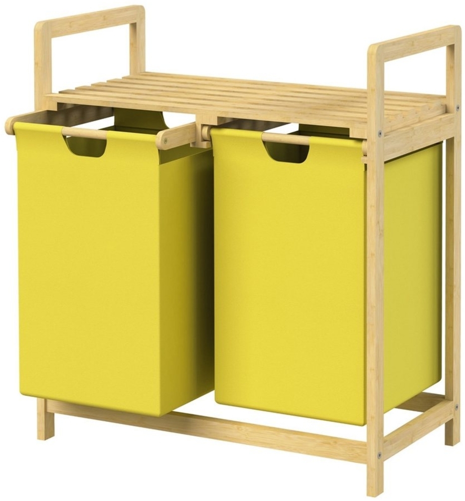 ML-DESIGN Wäschekorb Wäschebox mit 2 Fächern aus Bambus und Stoff für Badezimmer, Wäschesäcken 60L mit Stabiles Holzgestell Gelb 73x63x33cm Wäschetruhe Bild 1