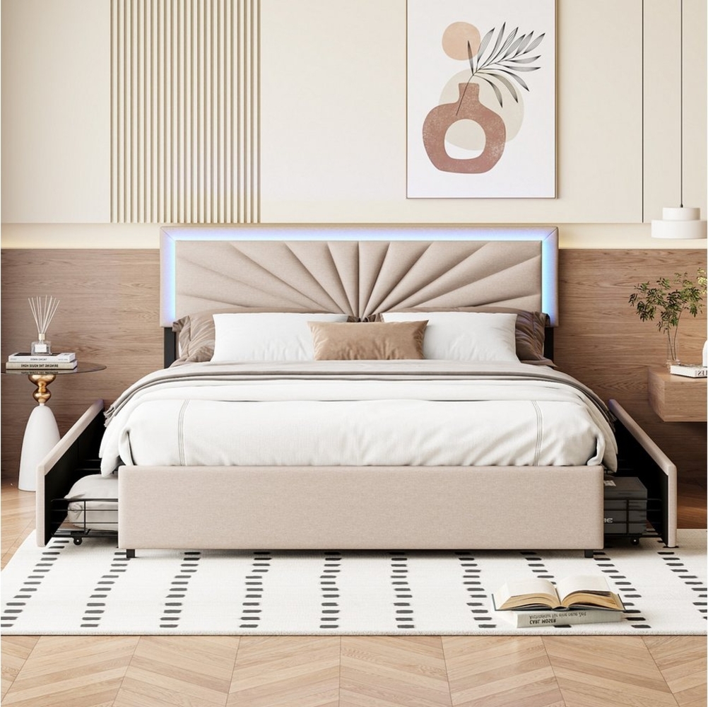 LuxeLiving Polsterbett LED Doppelbett mit 4 Schublade (Für Jugendliche geeignet), mit LED-Beleuchtung,Lattenrost und Rückenlehne,160x200 cm Bild 1