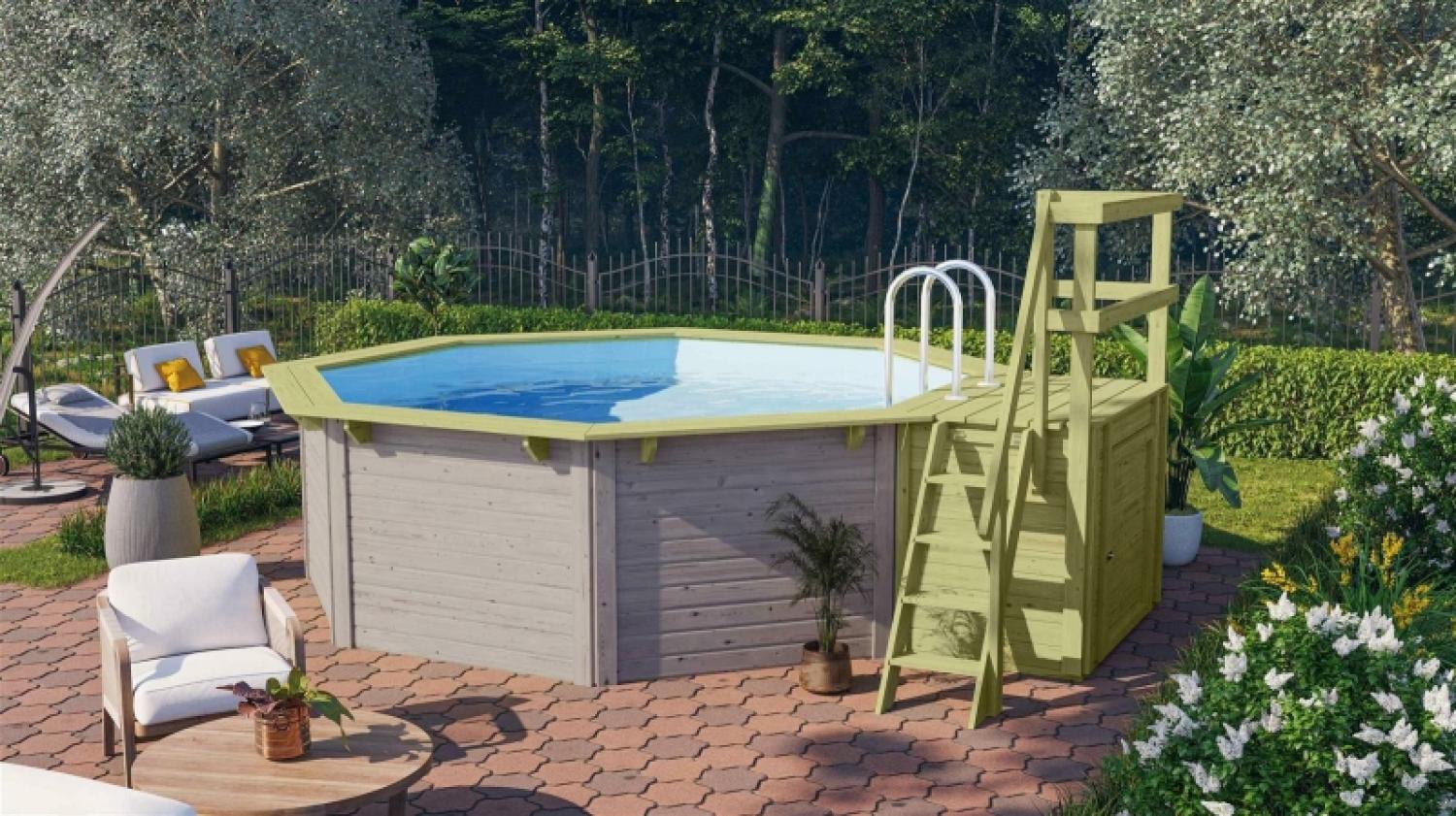 Achteck-Pool X1 400x400 cm mit Terrasse, Holz wassergau/Folie blau, Karibu Bild 1