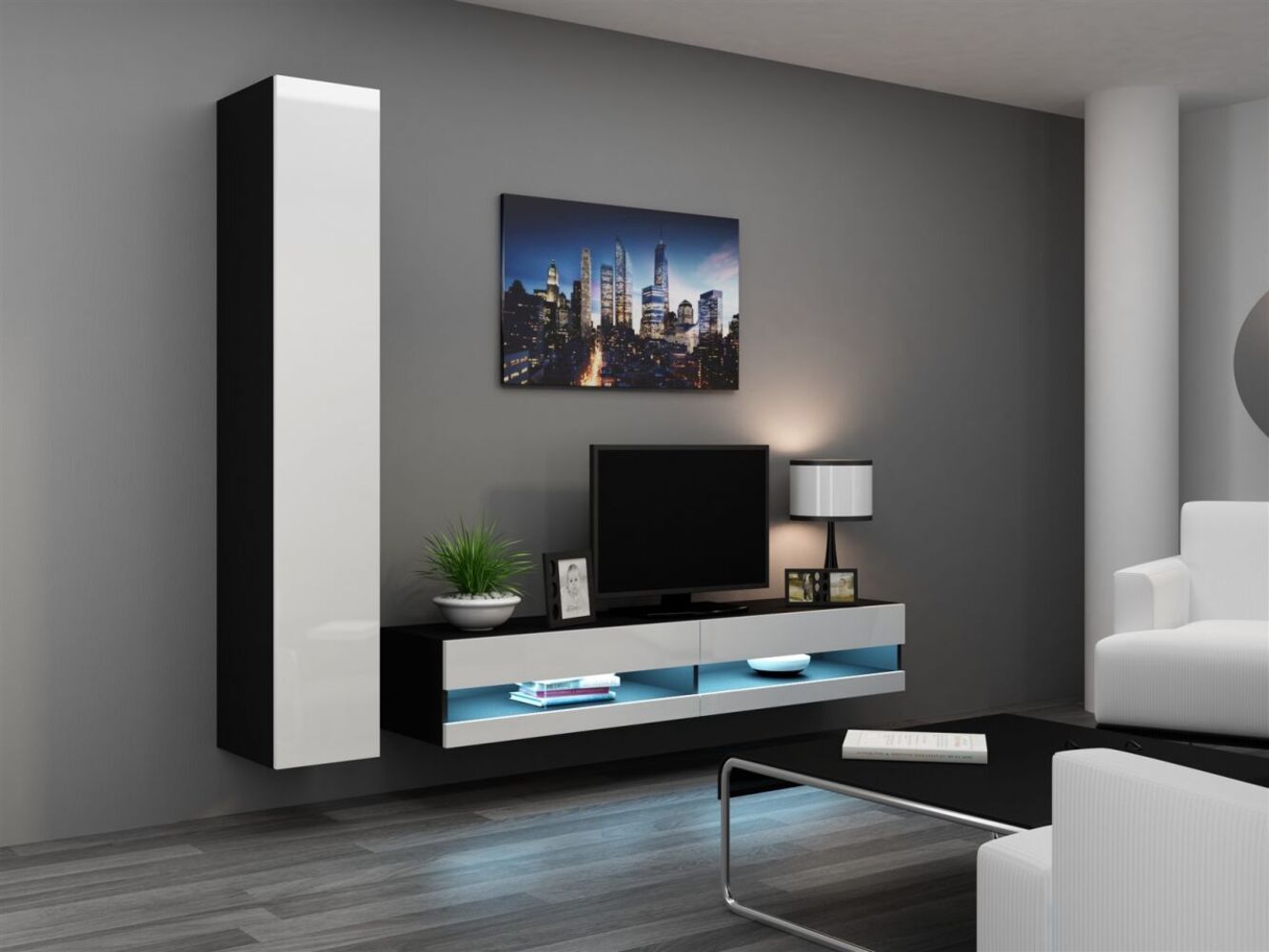 Mediawand Wohnwand 2 tlg - SENTIC 9 - Schwarz/Weiss Hochglanz inkl. LED Bild 1
