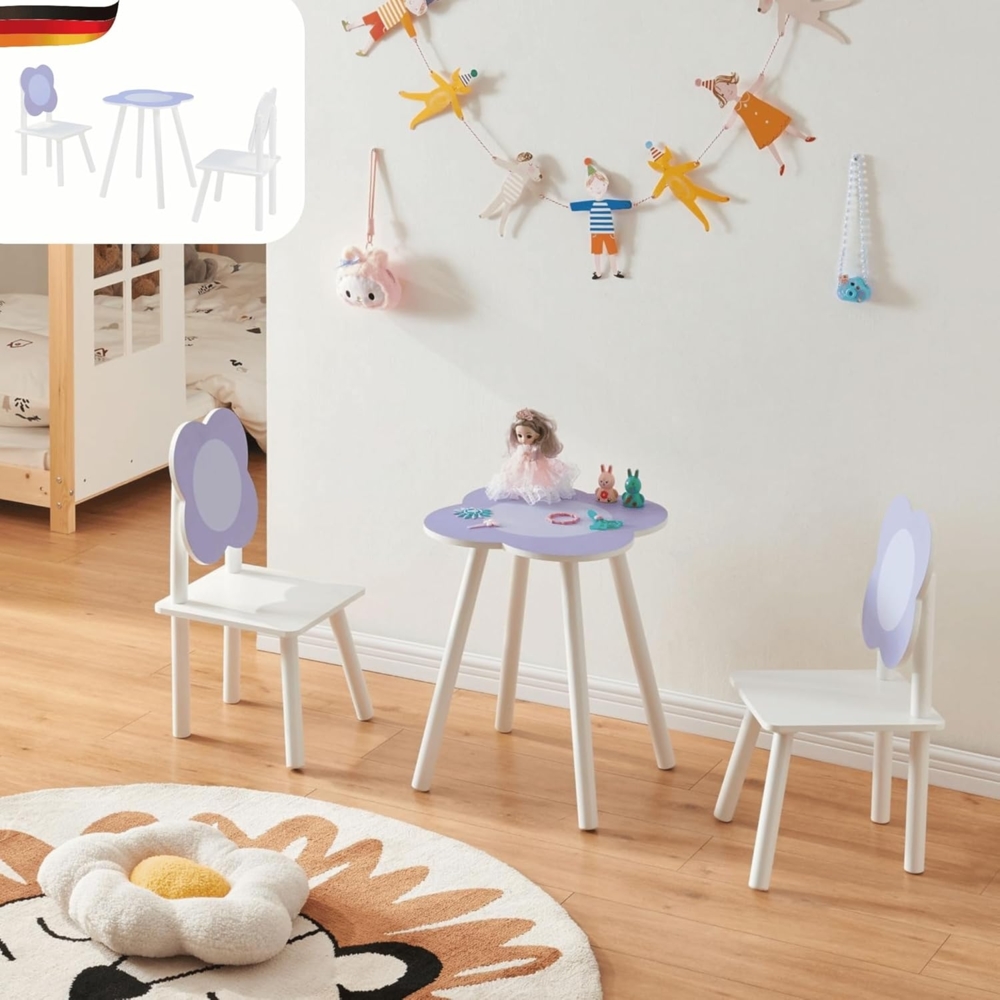 DELUKE® Kindersitzgruppe mit 2 Stühlen TULP - 3 teilig Kindertisch Set Kindersitzgruppe aus Holz weiß/lila Blumen-Design Maltisch Basteltisch Kinder Spieltisch ab 1 Jahr Kinderstuhl Set Bild 1