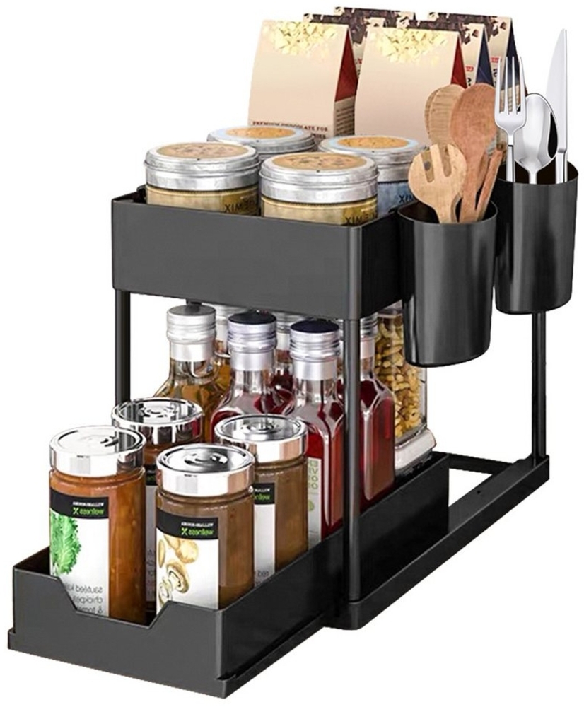 JEOBEST Küchenregal Küchen Organizer, Spülschrank Organizer, Küchen Gewürzregal, 2 Etagen Unter Waschbecken Regal mit 4 Haken &2 Tassen Bild 1