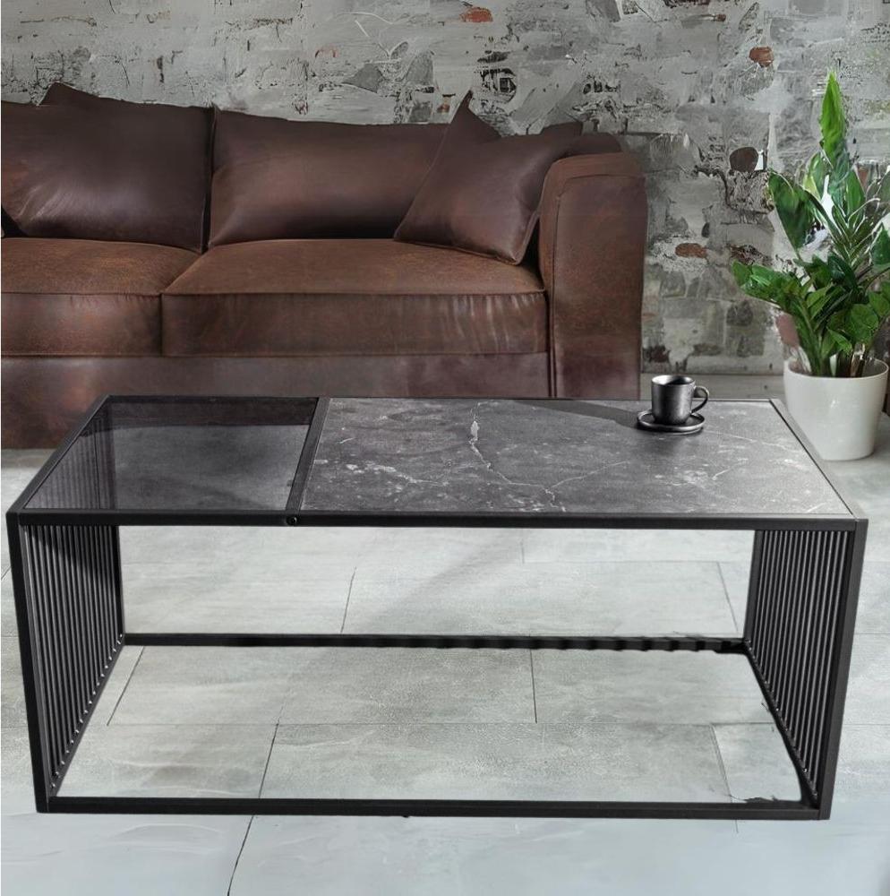 Moderner Couchtisch STRIVE 100cm Marmor-Look Industrielles Design schwarz Metall Bild 1