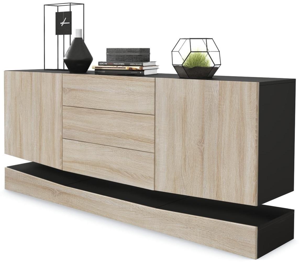 Vladon Sideboard City, Schwarz matt/Eiche sägerau - Moderne Kommode für Ihr Wohnbereich (178 x 72 x 38 cm) Bild 1