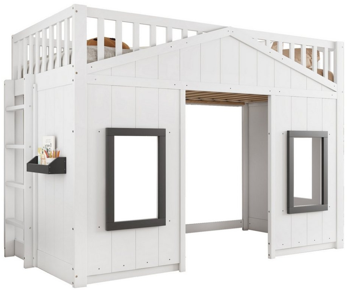 REDOM Kinderbett mit Treppe und Fallschutz – Hausbett aus Kiefer & MDF (Hochbett Jugendbett Holzbett, mit Stauraum & zwei Fenster, für Kinderzimmer, mit Gitter, modernes Design, 90x200 cm), ohne Matratze Bild 1
