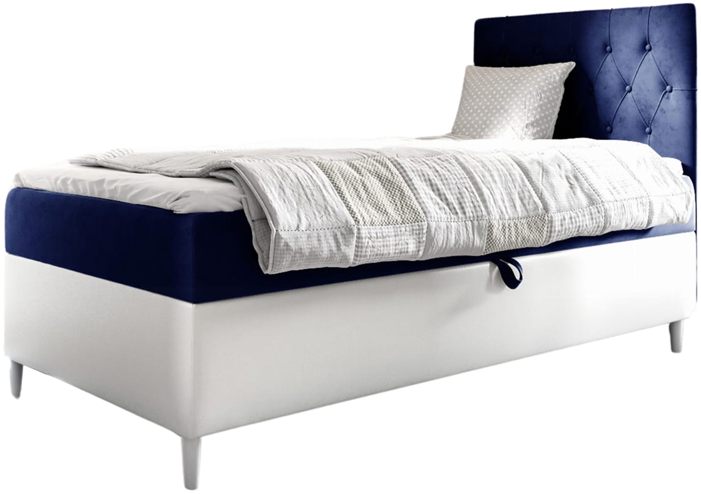 MEBLINI Kinderbett mit Bettkasten FILIPPO 1 90x200 Rechts – H3/Blau Samt Gepolstert Einzelbett mit Matratze - Polsterbett mit Stauraum - Bett mit Kopfteil – Stauraumbett Bild 1