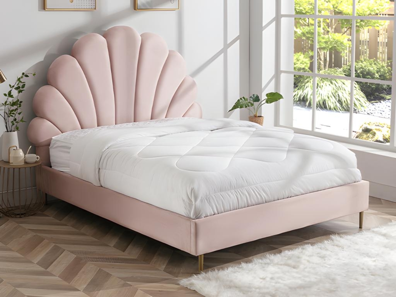 Vente-unique - Bett mit Kopfteil in Muschelform + Matratze - 140 x 190 cm - Samt - Rosa - LIVAYA Bild 1