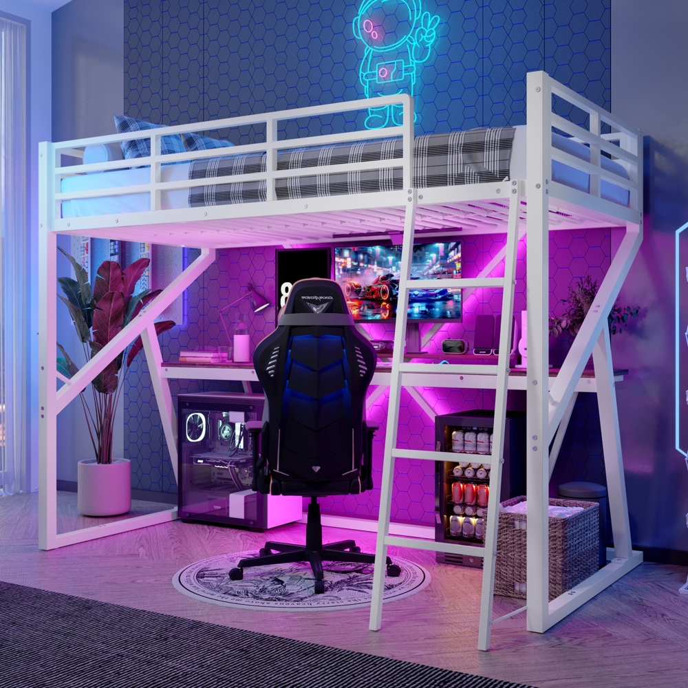 Bett 90x200 cm mit Schreibtisch und LED-Beleuchtung – platzsparendes Hochbett aus Metall Bild 1