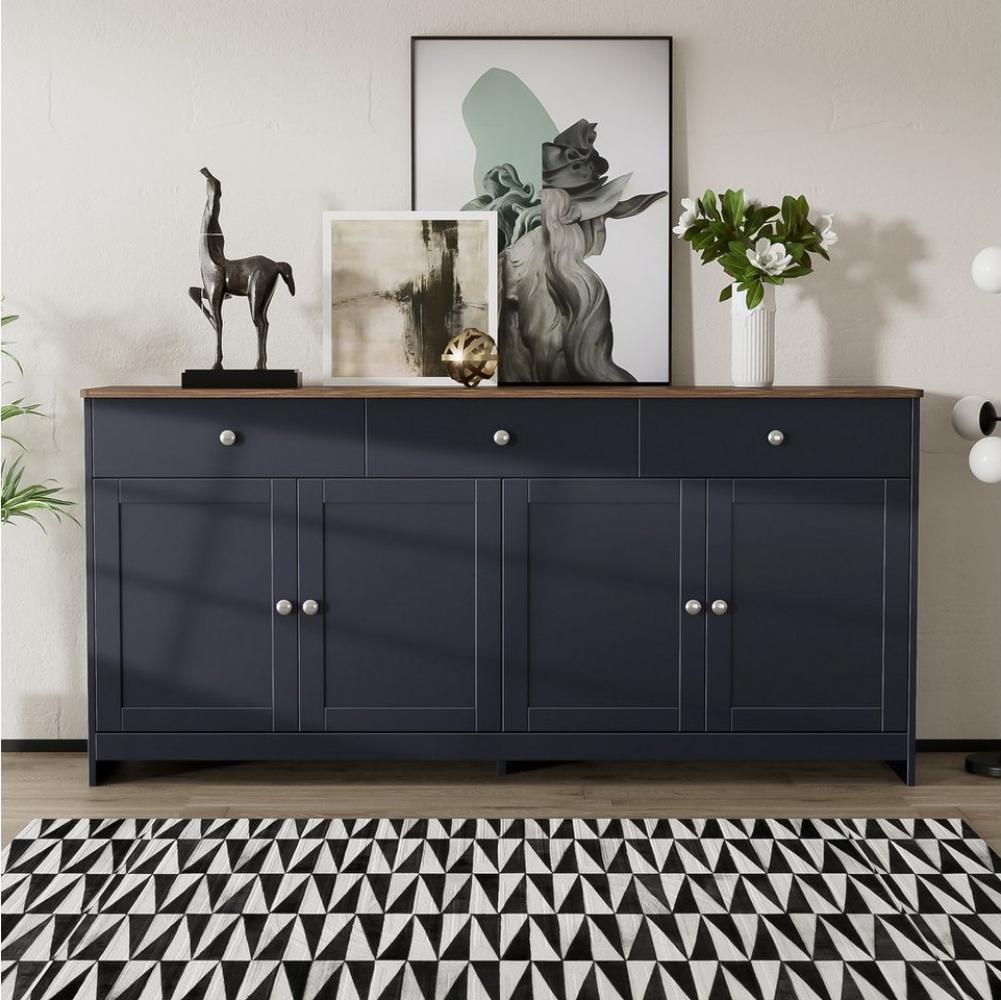 Merax Kommode Aufbewahrungsschrank mit drei Schubladen und vier Klappen, Sideboard im Landhausstil, Anrichte, Wohnzimmerschrank, B:160cm Bild 1