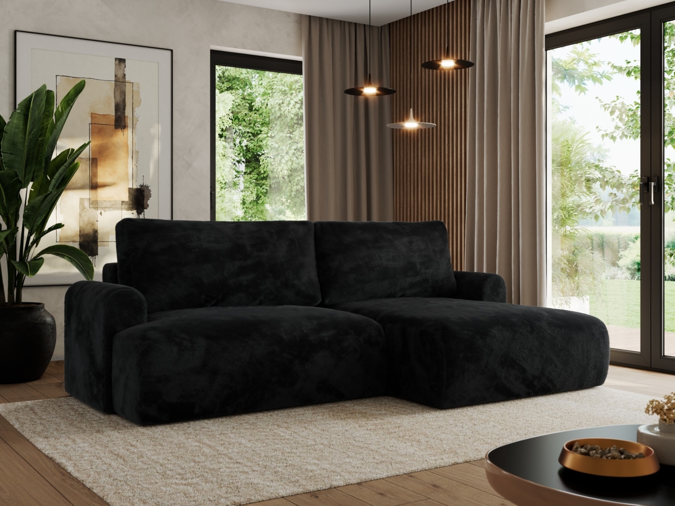 L-förmiges Ecksofa mit losen Kissen und Armlehnen für das Wohnzimmer, Ecksofa mit Schlaffunktion, Bettkästen - TONO - Schwarz Plüschstoff - rechte Seite Bild 1