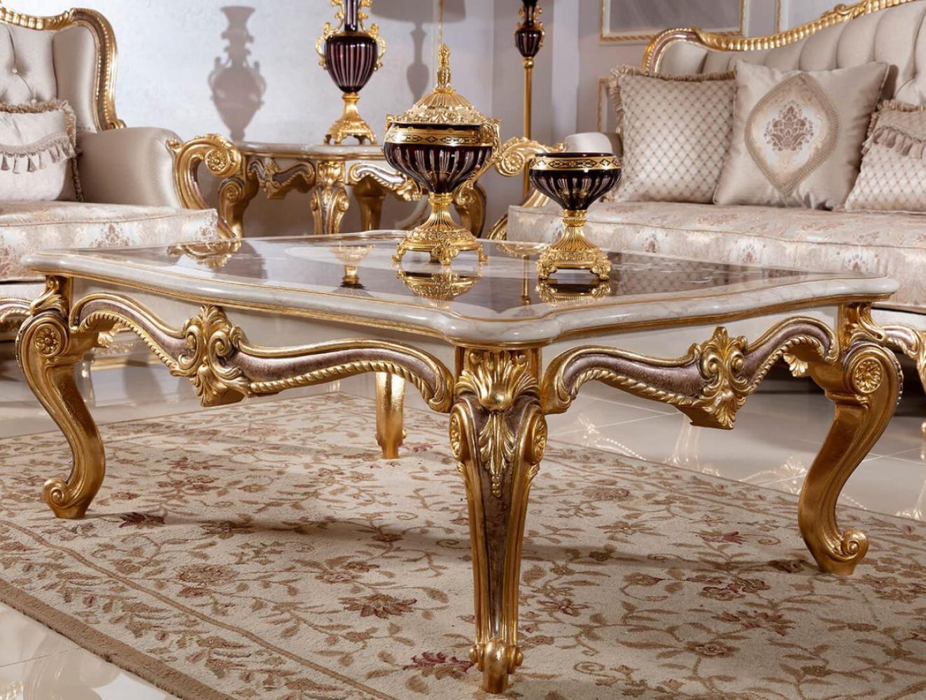 Casa Padrino Luxus Barock Couchtisch Weiß / Braun / Gold - Prunkvoller Wohnzimmertisch im Barockstil - Luxus Wohnzimmer Möbel im Barockstil - Barock Möbel - Barock Wohnzimmer Einrichtung Bild 1