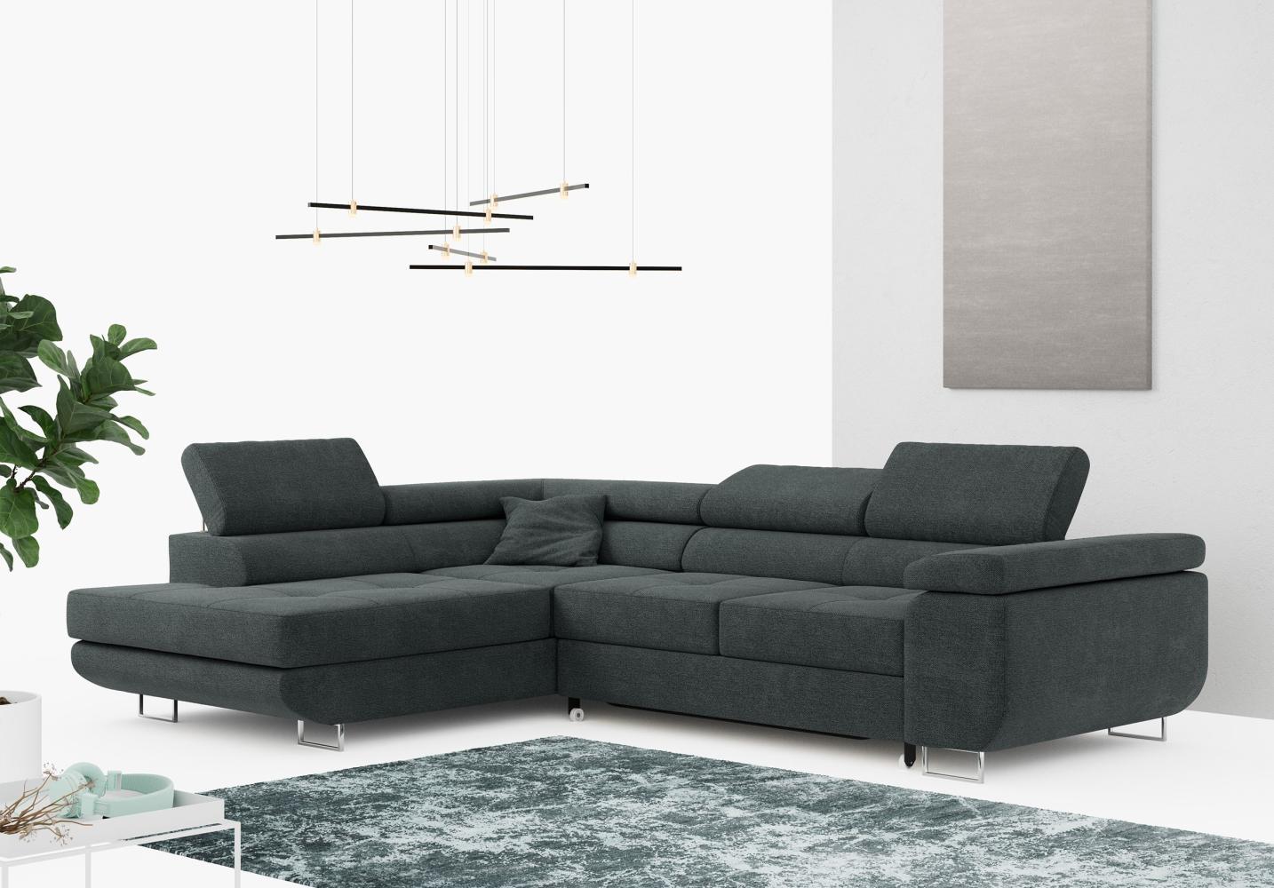 Ecksofa L-Form Couch mit Schlaffunktion und Verstellbare Kopfstützen - GUSTAW - Dunkelgrau Stoff - Links Bild 1