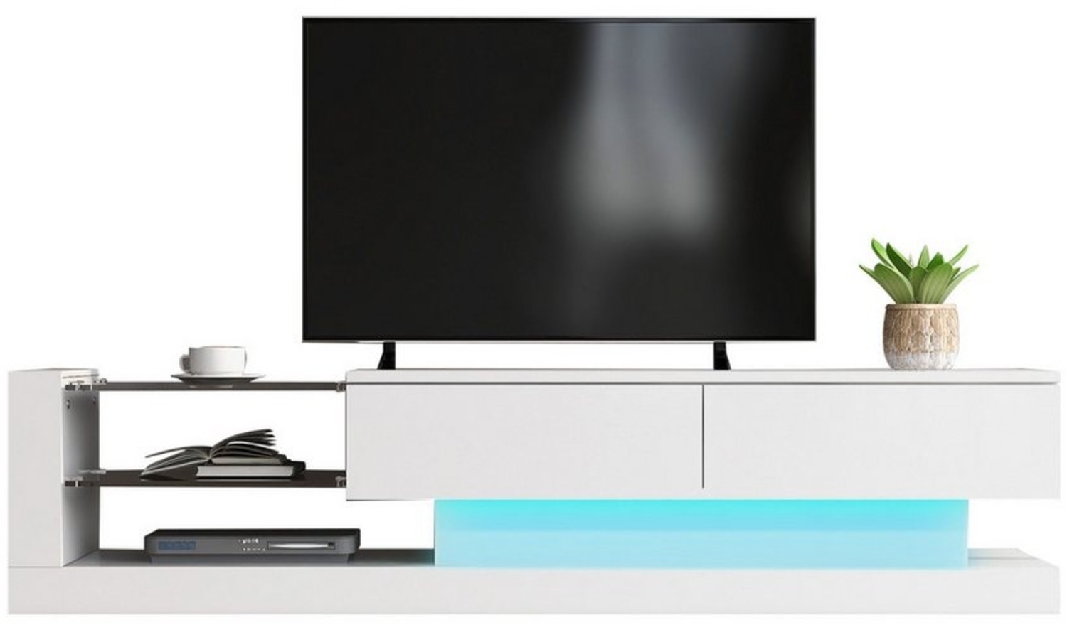 REDOM TV-Schrank TV Schrank Lowboard Fernsehschrank Entertainment Center TV Stand Weiß (Hochglanz TV-Lowboard aus Spanplatte mit 2 Klapptüren 2 Glasablagen) 140*38*38 cm Wohnzimmer Modern mit 16-farbige RGB LED-Beleuchtung Bild 1