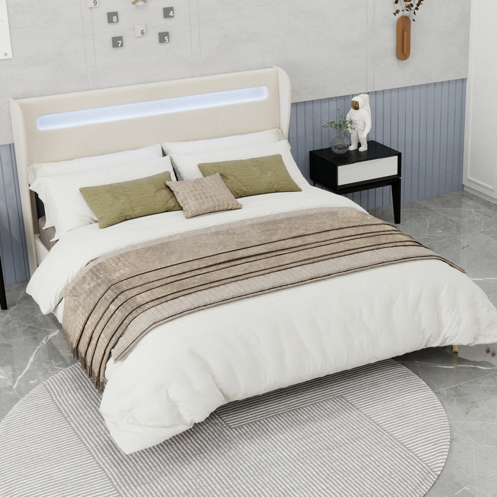 Flachbett 160x200 cm mit einstellbarer LED-Beleuchtung gepolstertes Kopfteil, Beige, Stoff/Metall Bild 1
