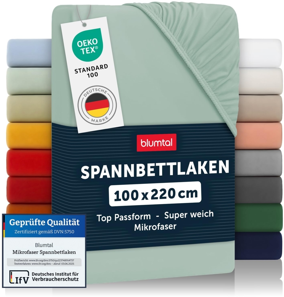 Blumtal® Mikrofaser Spannbettlaken 100x220 cm - Oekotex zertifiziertes Bettlaken 100x220 - Leintuch 100x220 - Spannbettuch 100x220 cm - Spannleintuch 100x220 - Laken 100x220 - Summer Green - Grün Bild 1