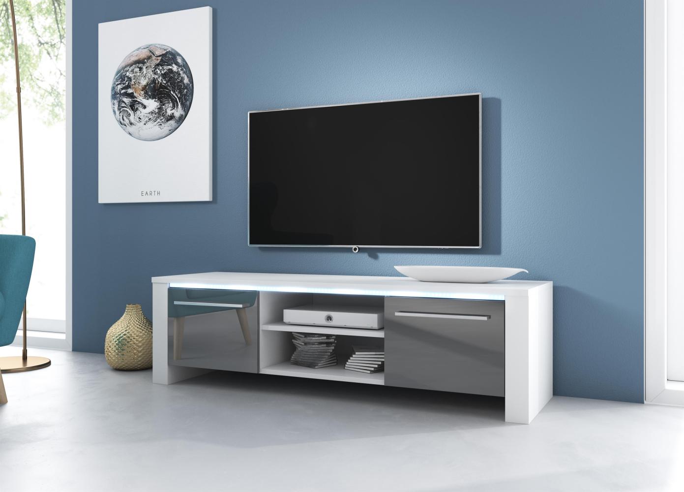 Domando Lowboard Aquila Modern für Wohnzimmer Breite 140cm, Hochglanzfront, mit LED Beleuchtung in blau, Weiß Matt und Grau Hochglanz Bild 1