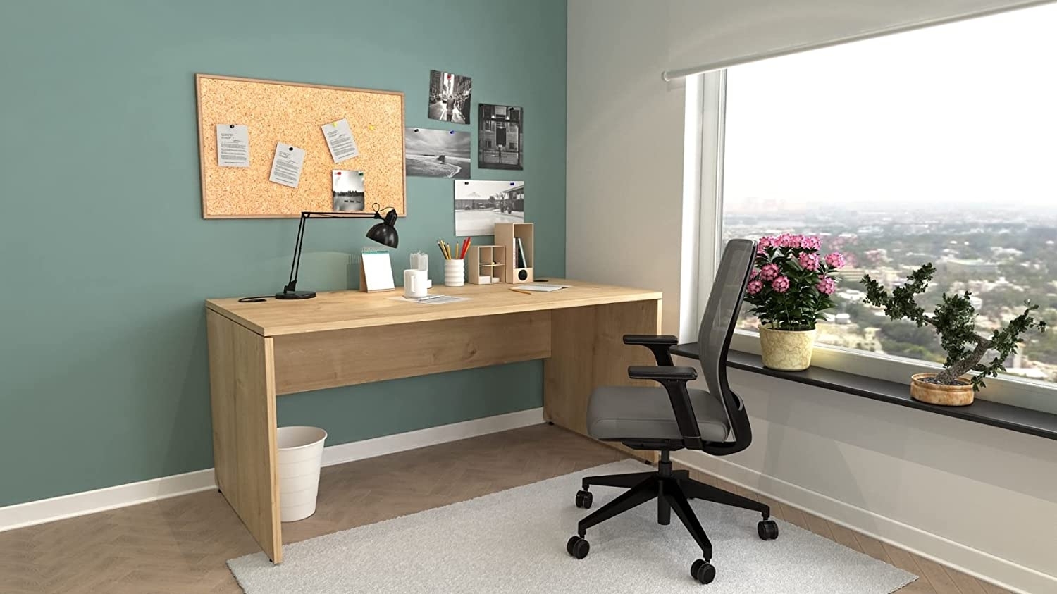 Furni24 Schreibtisch fürs Arbeitszimmer und Home Office - Großer laminierter Computertisch aus Holz, 2 Kabeldurchlässe, Bodengleiter, 2-Personen-Arbeitsplatz (Saphir-Eiche, 160 x 80 x 75 cm) Bild 1