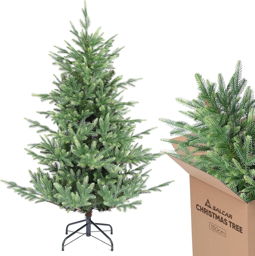SALCAR 150 cm Künstlicher Weihnachtsbaum, 90% PE Spritzguss Premium Tannenbaum, naturgetreuer Christbaum inklusive Handschuhen und Metallständer (Ø 108 cm) Bild 1